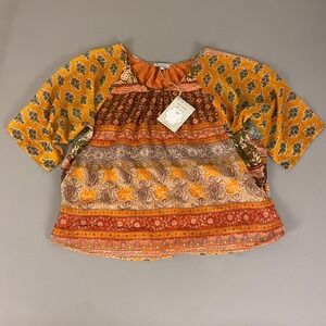 World Market Tiana Blouse Top L/XL Orange Brown Bohemian Print Kimono Sleeve NWT